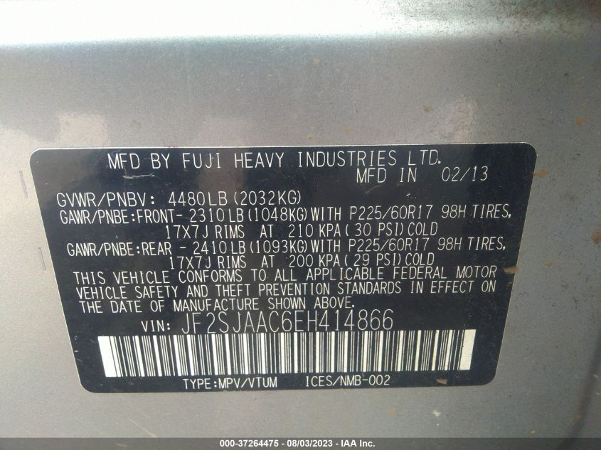 2014 SUBARU FORESTER 2.5I - JF2SJAAC6EH414866