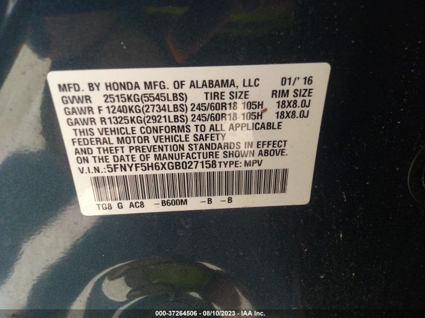 2016 HONDA PILOT EXL - 5FNYF5H6XGB027158