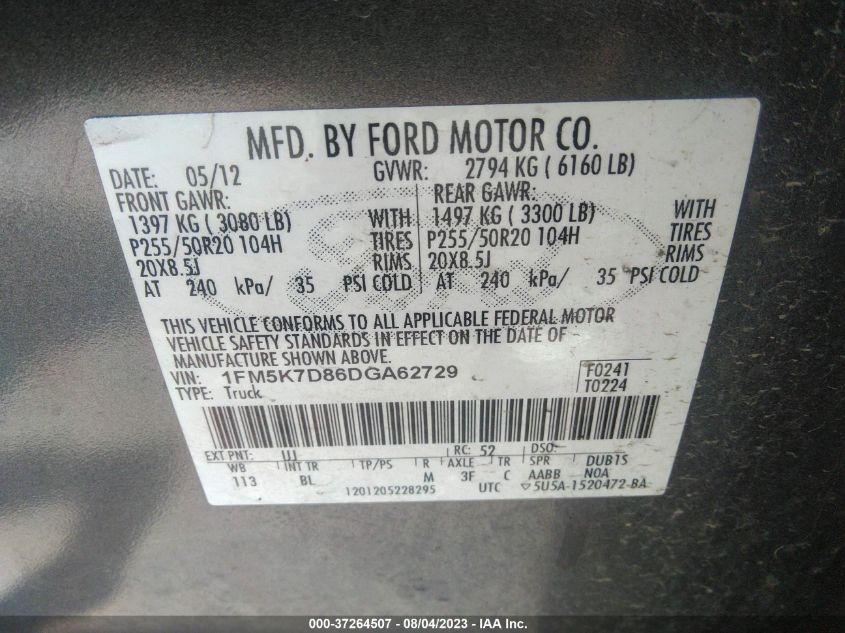 2013 FORD EXPLORER XLT - 1FM5K7D86DGA62729