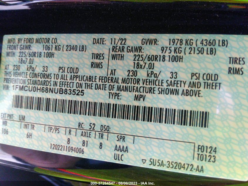 2022 FORD ESCAPE SEL - 1FMCU0H68NUB83525