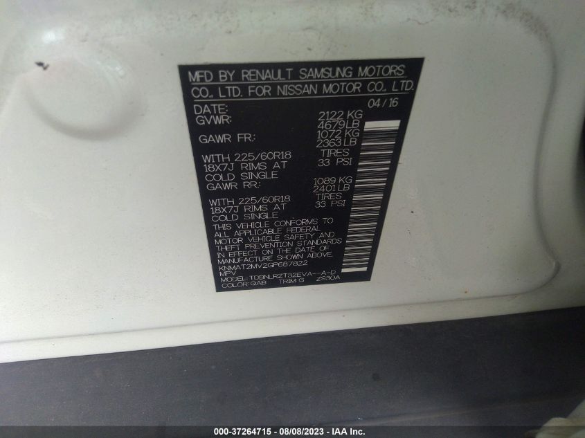 2016 NISSAN ROGUE SL - KNMAT2MV2GP687822