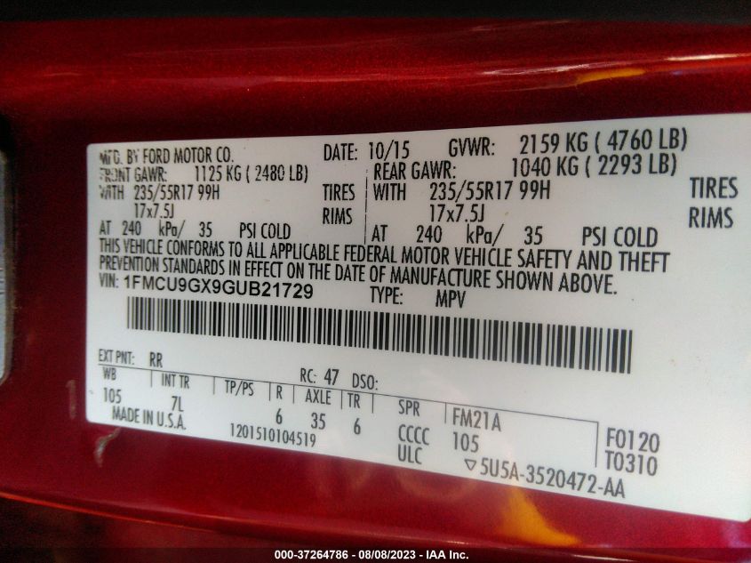2016 FORD ESCAPE SE - 1FMCU9GX9GUB21729