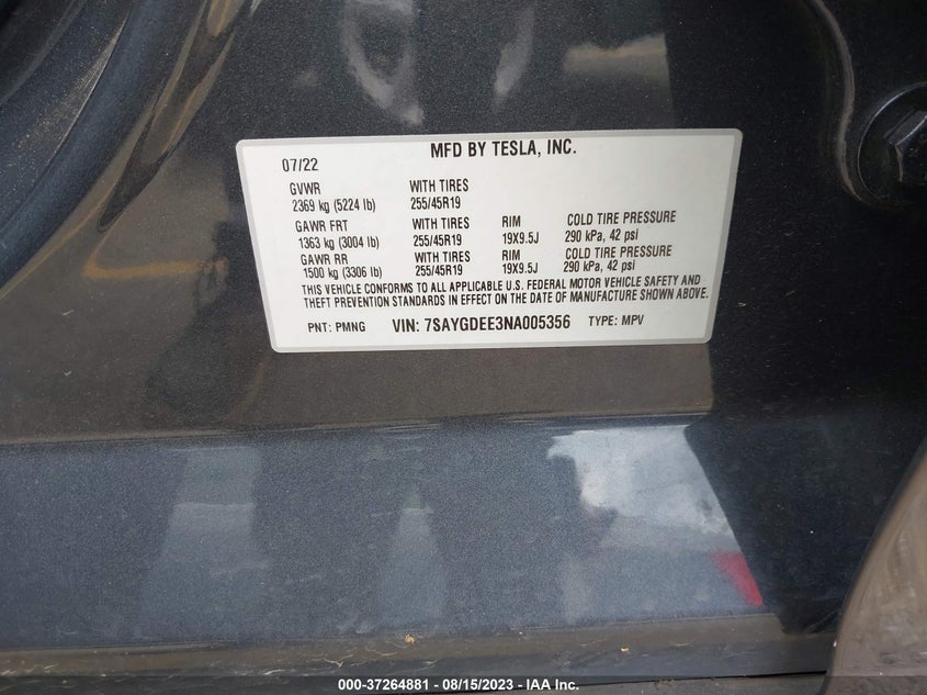 VIN 7SAYGDEE3NA005356 2022 TESLA MODEL Y LONG RANGE