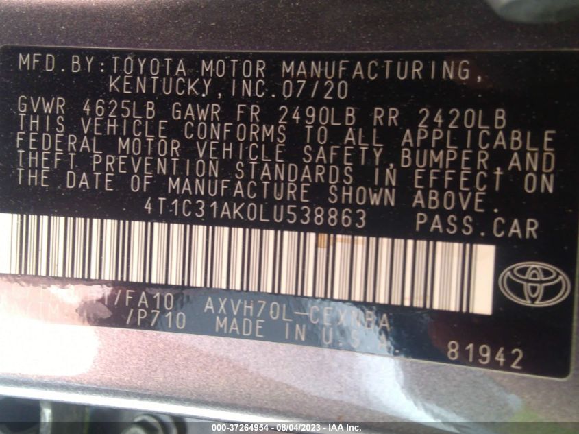 2020 TOYOTA CAMRY HYBRID LE - 4T1C31AK0LU538863