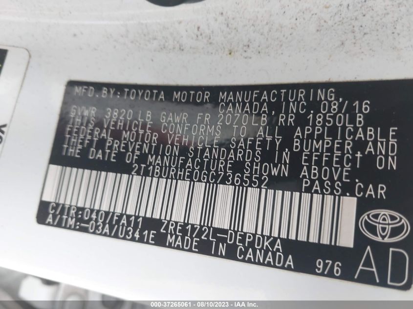 2016 TOYOTA COROLLA L/LE/S/S PLUS/LE PLUS - 2T1BURHE0GC736552