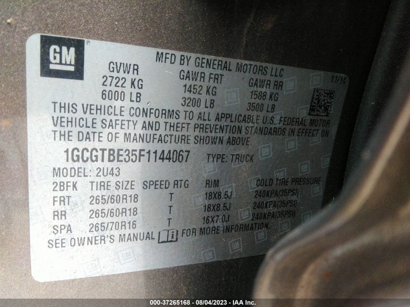 2015 CHEVROLET COLORADO 4WD LT - 1GCGTBE35F1144067