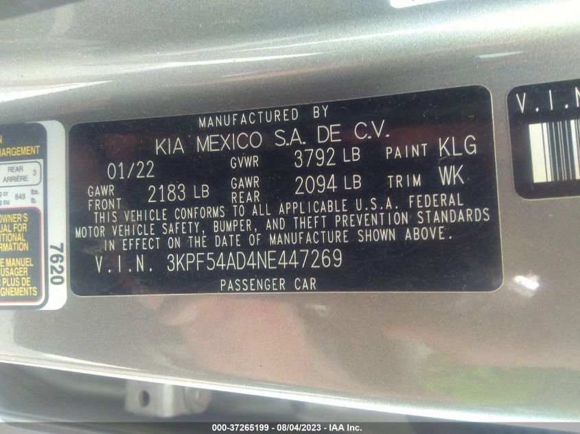 2022 KIA FORTE GT-LINE - 3KPF54AD4NE447269