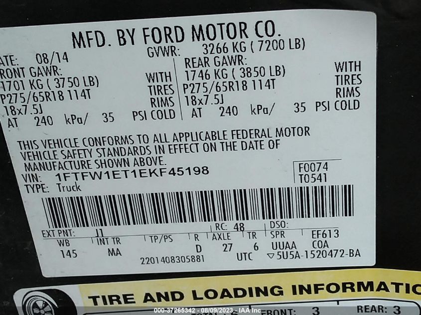 2014 FORD F-150 XL/XLT/FX4/LARIAT - 1FTFW1ET1EKF45198