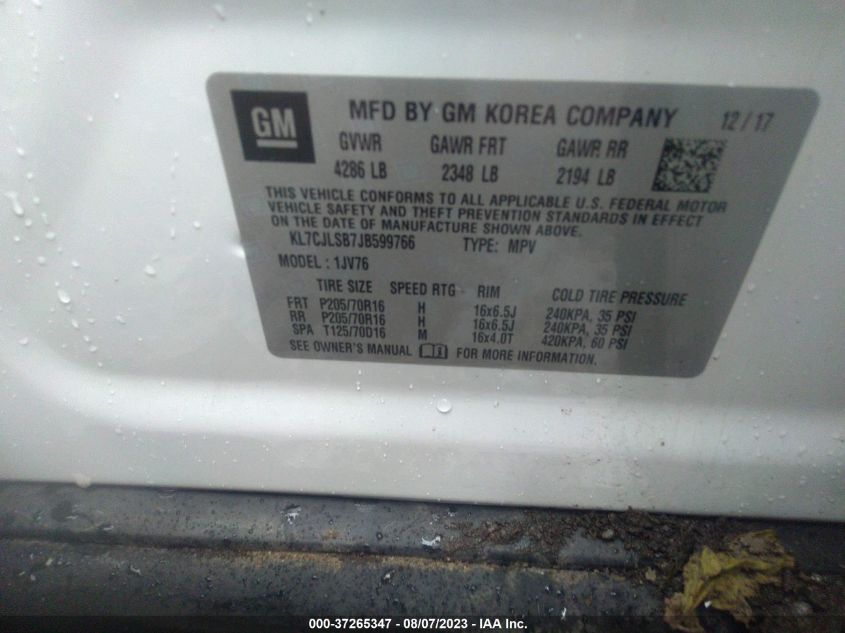 2018 CHEVROLET TRAX LT - KL7CJLSB7JB599766