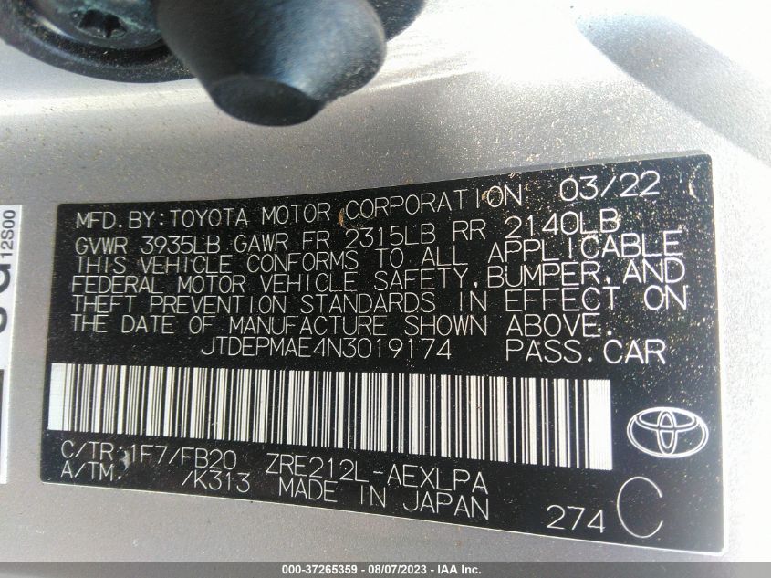 2022 TOYOTA COROLLA LE - JTDEPMAE4N3019174