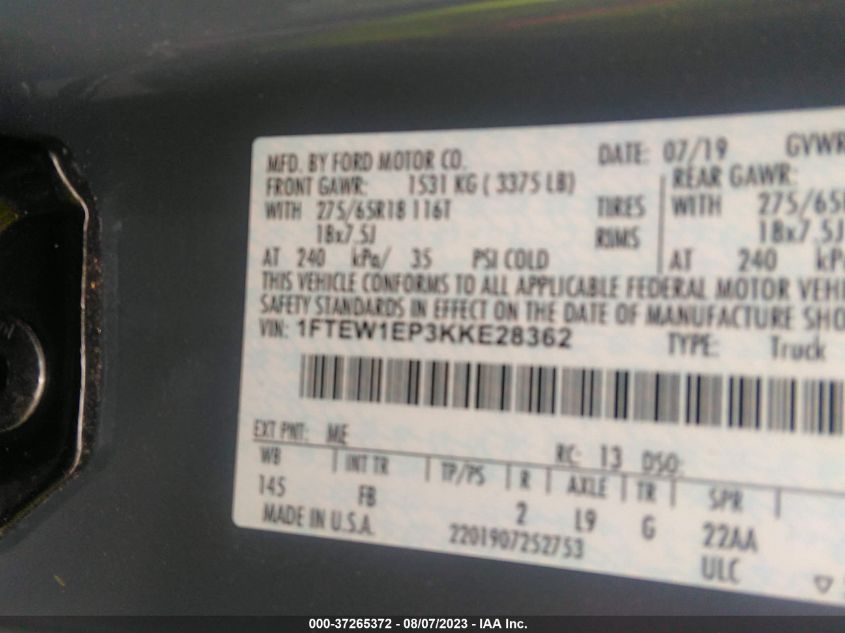 2019 FORD F-150 XL/XLT/LARIAT - 1FTEW1EP3KKE28362