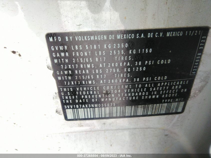 3VV1B7AX3NM035673 Volkswagen Tiguan S 9