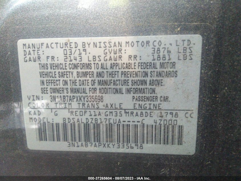 2019 NISSAN SENTRA SV - 3N1AB7APXKY335698