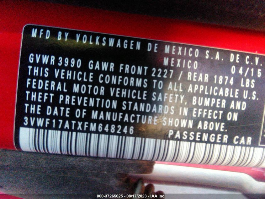 2015 VOLKSWAGEN BEETLE COUPE 1.8T FLEET EDITION - 3VWF17ATXFM648246