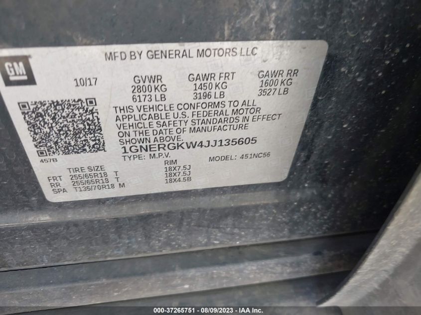 2018 CHEVROLET TRAVERSE LT CLOTH - 1GNERGKW4JJ135605