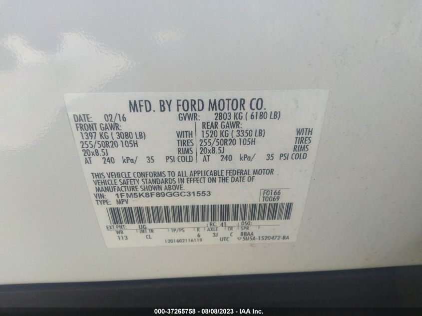 2016 FORD EXPLORER LIMITED - 1FM5K8F89GGC31553