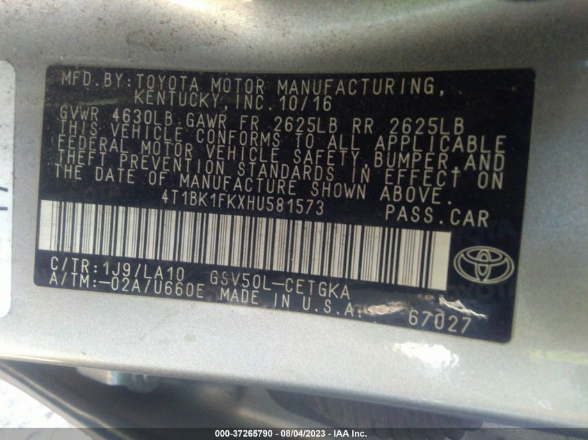 2017 TOYOTA CAMRY V6 - 4T1BK1FKXHU581573