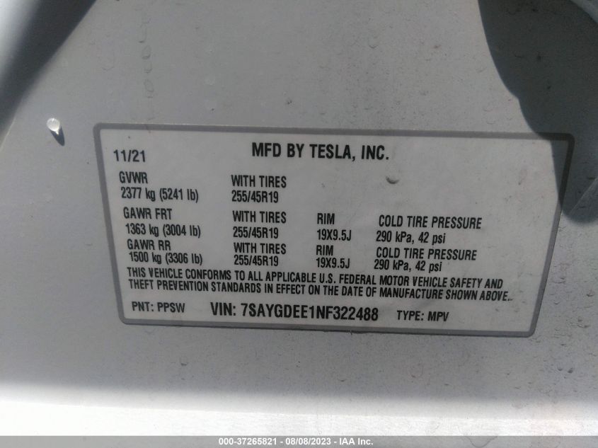 2022 TESLA MODEL Y LONG RANGE - 7SAYGDEE1NF322488