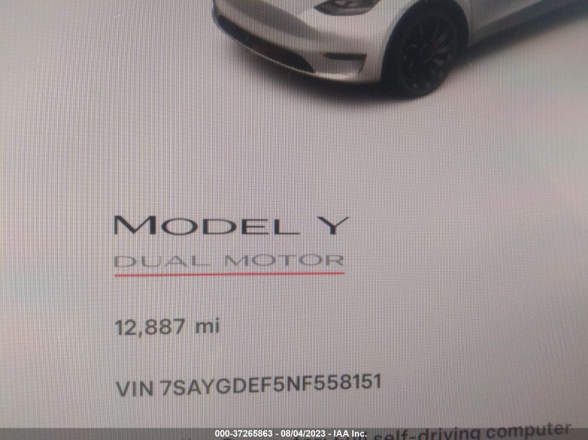 2022 TESLA MODEL Y PERFORMANCE - 7SAYGDEF5NF558151