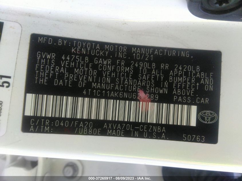 2022 TOYOTA CAMRY LE - 4T1C11AK6NU637289