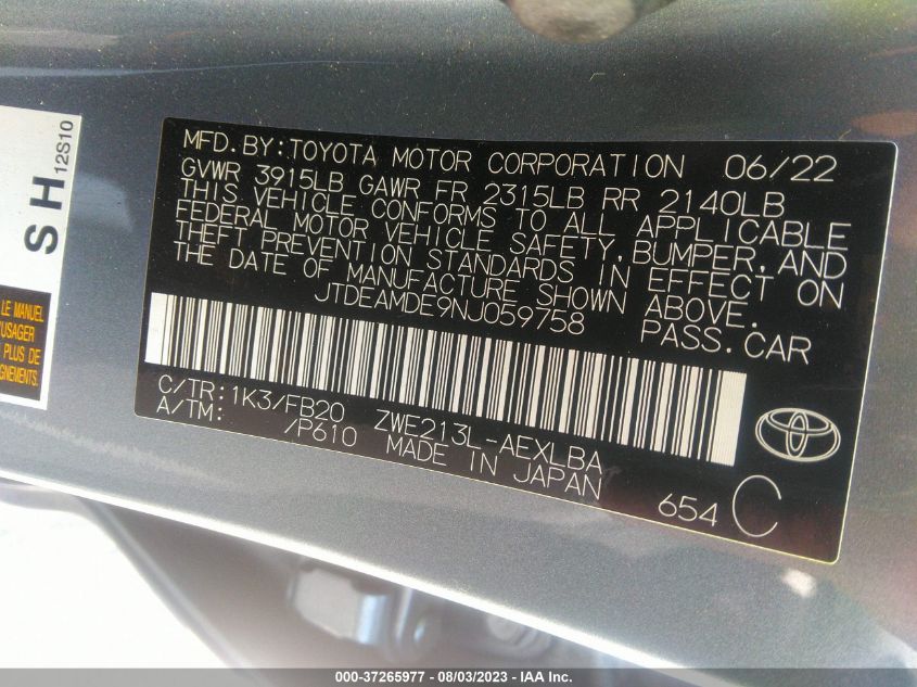 2022 TOYOTA COROLLA HYBRID LE - JTDEAMDE9NJ059758