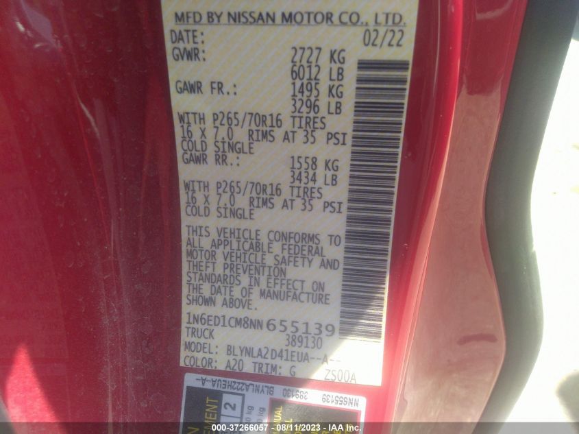2022 NISSAN FRONTIER S/SV - 1N6ED1CM8NN655139