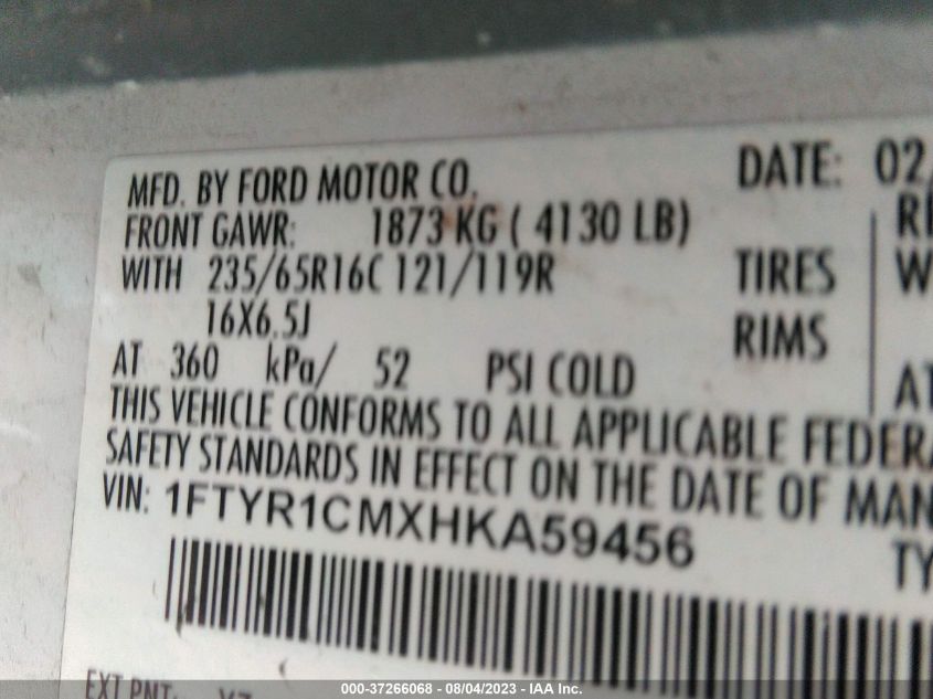 2017 FORD TRANSIT VAN - 1FTYR1CMXHKA59456
