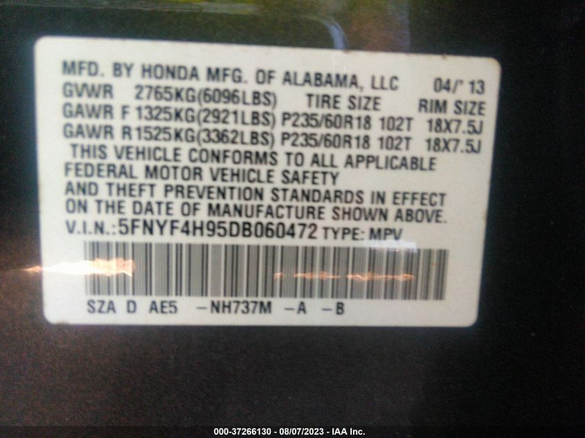 2013 HONDA PILOT TOURING - 5FNYF4H95DB060472