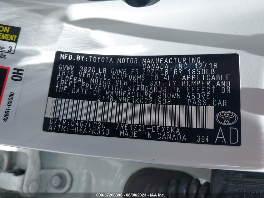 VIN 2T1BURHE1KC221908 2019 TOYOTA COROLLA SE