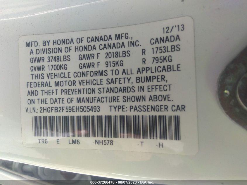 2014 HONDA CIVIC SEDAN LX - 2HGFB2F59EH505493