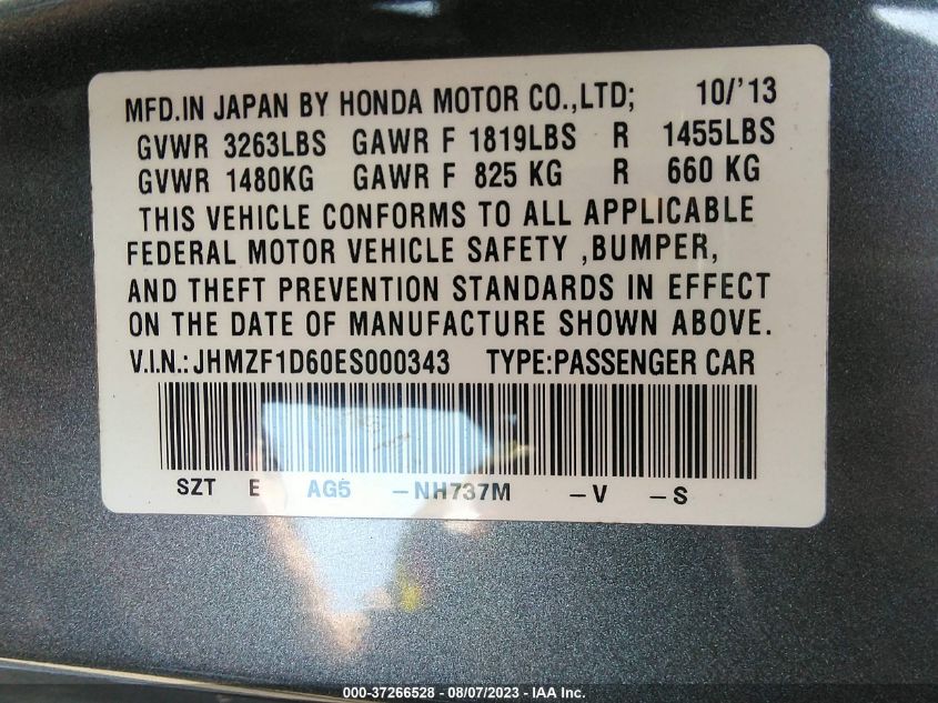 2014 HONDA CR-Z EX JHMZF1D60ES000343