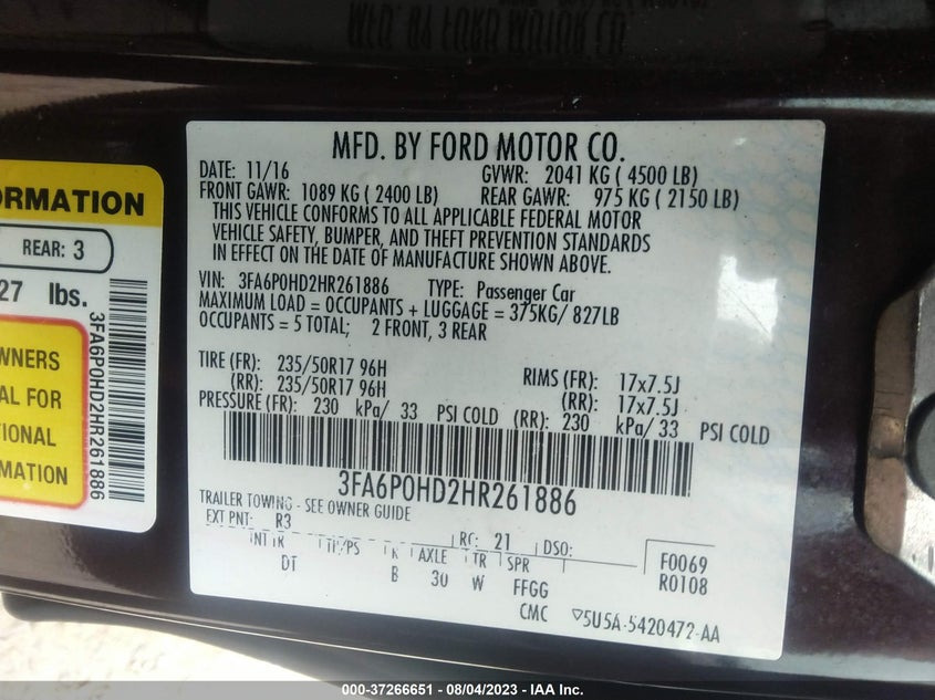 VIN 3FA6P0HD2HR261886 2017 FORD FUSION SE
