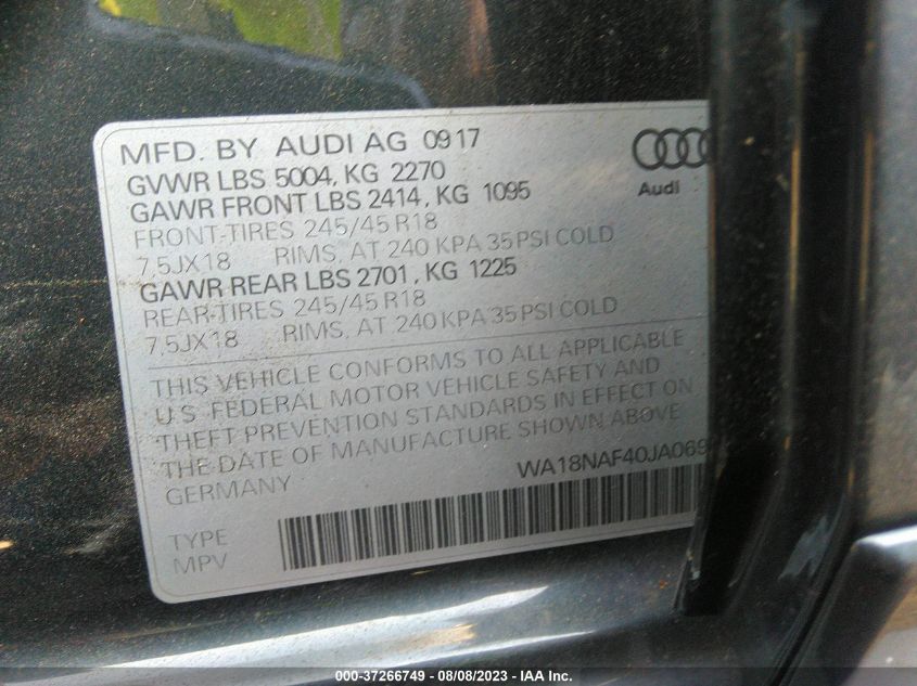 WA18NAF40JA069779 2018 AUDI A4, photo no. 9