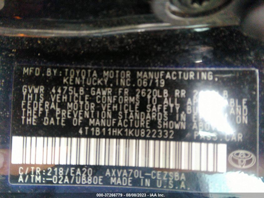 2019 TOYOTA CAMRY LE/SE/XLE/L - 4T1B11HK1KU822332