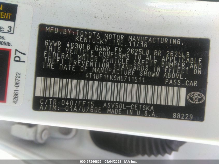 2017 TOYOTA CAMRY XLE/SE/LE/XSE - 4T1BF1FK9HU711511