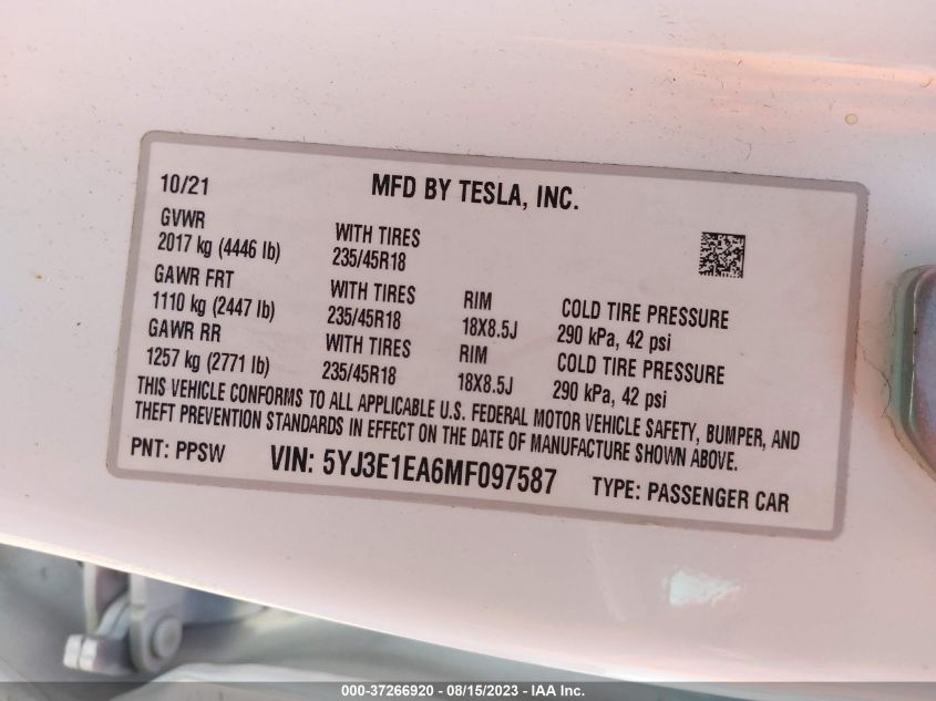 5YJ3E1EA6MF097587 Tesla Model 3  9