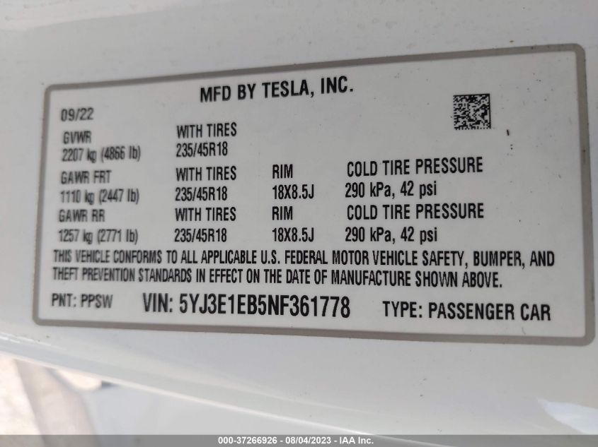 2022 TESLA MODEL 3 LONG RANGE - 5YJ3E1EB5NF361778