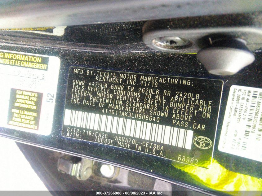 2020 TOYOTA CAMRY SE - 4T1G11AK3LU906640