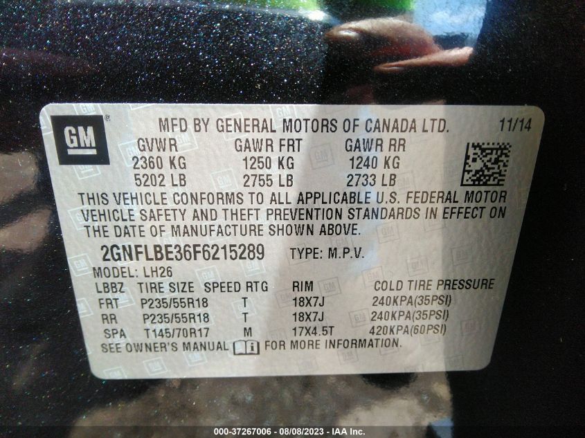 2015 CHEVROLET EQUINOX LT - 2GNFLBE36F6215289