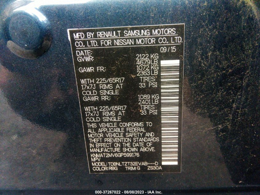 2016 NISSAN ROGUE SV - KNMAT2MV6GP599176