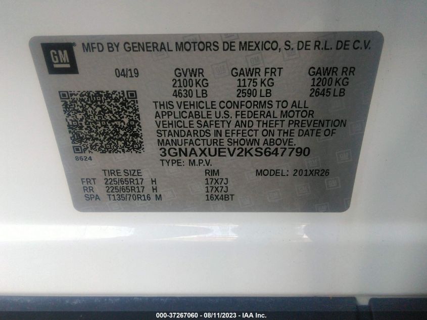 2019 CHEVROLET EQUINOX LT - 3GNAXUEV2KS647790