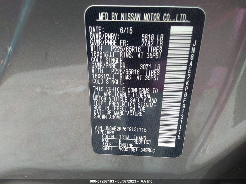 2015 NISSAN QUEST S - JN8AE2KP6F9131115