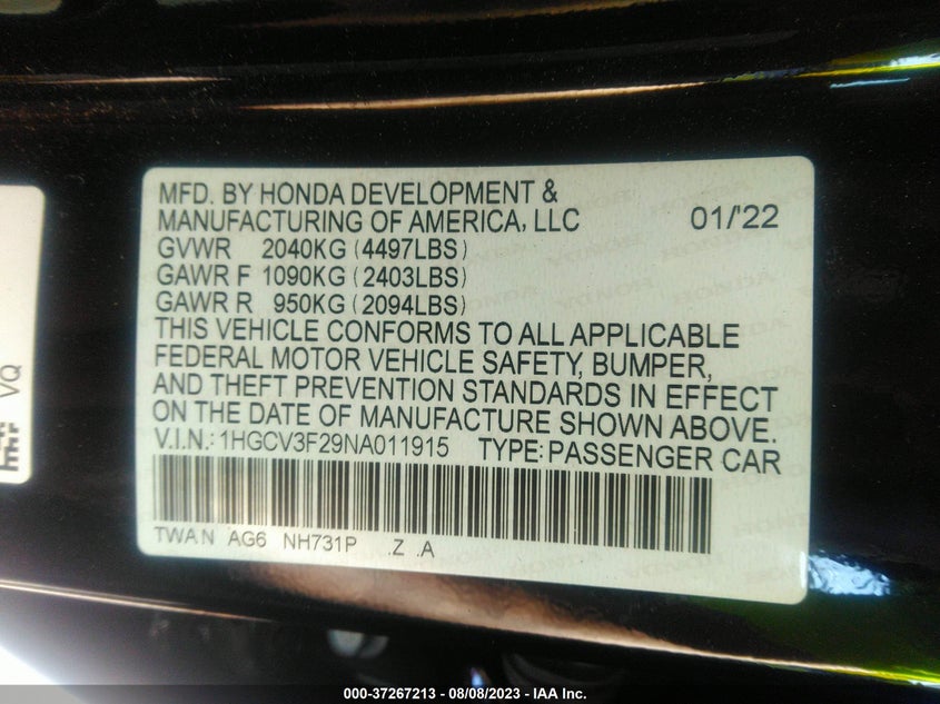 VIN 1HGCV3F29NA011915 2022 HONDA ACCORD HYBRID SPORT