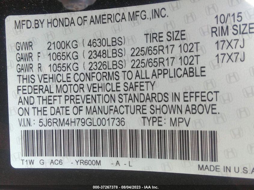 2016 HONDA CR-V EX-L - 5J6RM4H79GL001736