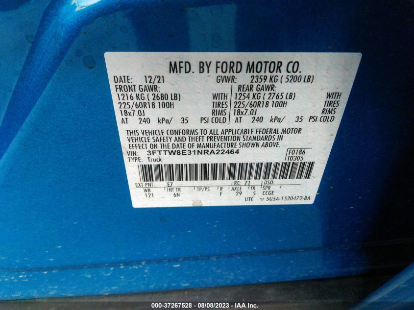 2022 FORD MAVERICK XL - 3FTTW8E31NRA22464