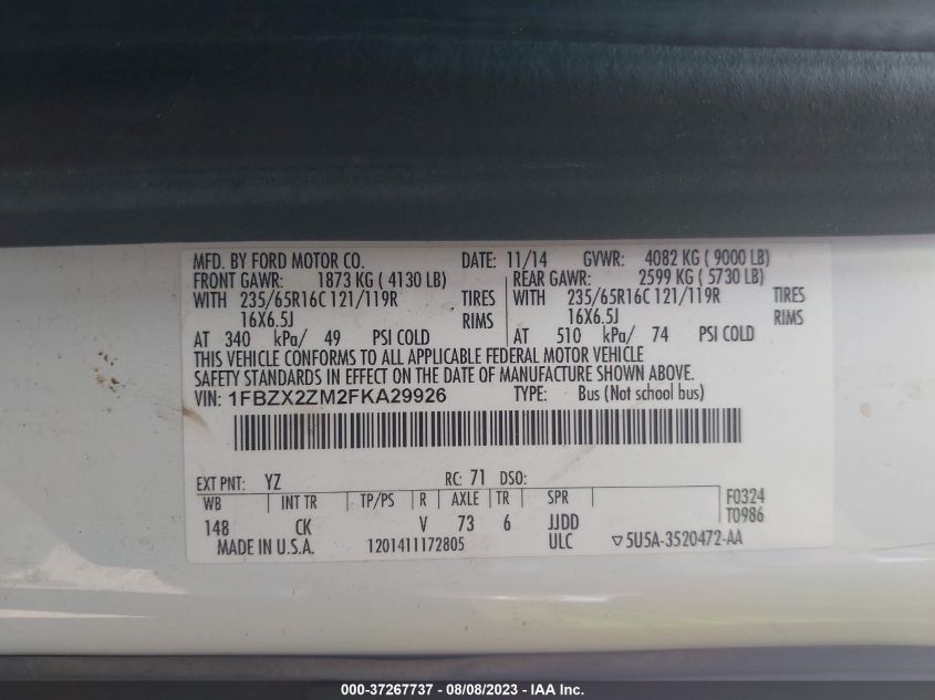 2015 FORD TRANSIT WAGON XL/XLT - 1FBZX2ZM2FKA29926