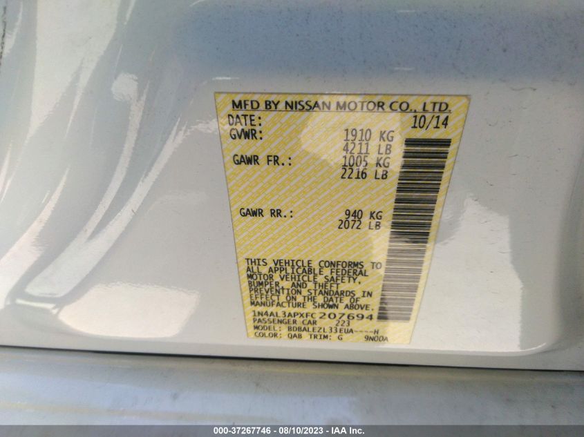 2015 NISSAN ALTIMA 2.5 S - 1N4AL3APXFC207694