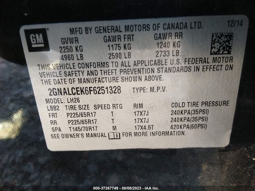 2015 CHEVROLET EQUINOX LT - 2GNALCEK6F6251328