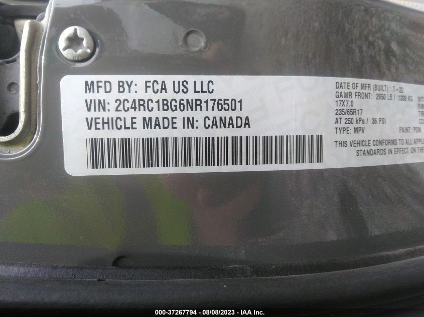 2022 CHRYSLER PACIFICA TOURING L - 2C4RC1BG6NR176501