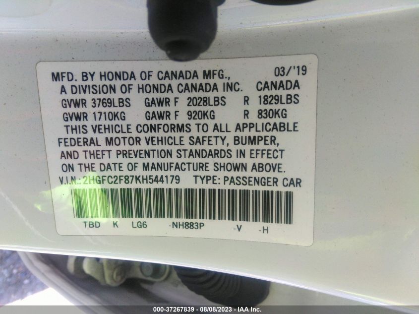 2019 HONDA CIVIC SEDAN SPORT - 2HGFC2F87KH544179